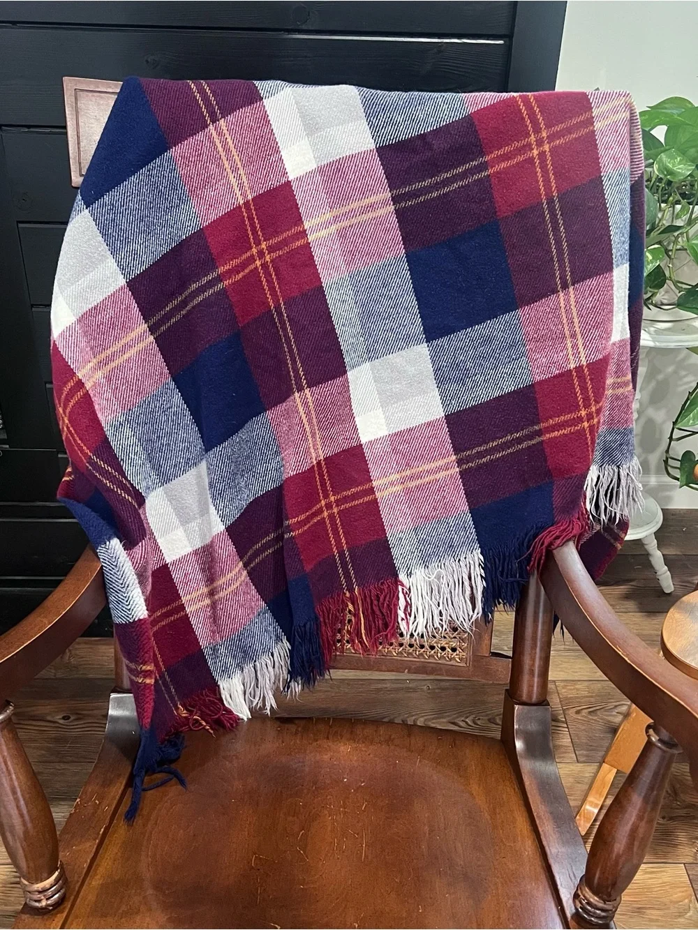 Plaid Fringe Throw Blanket - Red, Navy & Cream